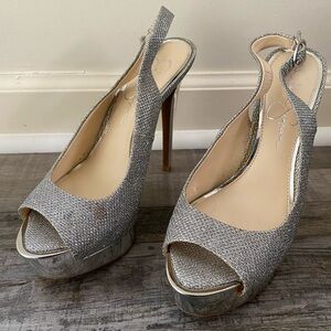 Jessica Simpson Silver Glitter Platform Stiletto Ankle Strap Peep Toe Heel 8.5
